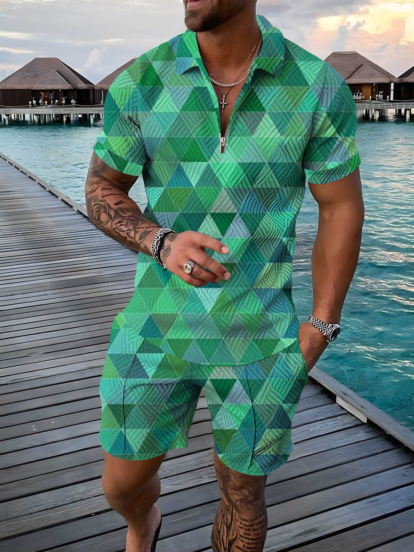 Men's Polo Shirt Summer Fashion 3D Printed Short Sleeve Geometric Zip Lapel