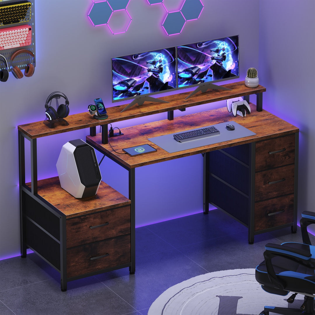 67-inch Computer Desk, Equipped With 5 Drawers And A Monitor Stand. The Gaming Table Comes With LED Lights And Power Sockets. The Printer Cabinet.