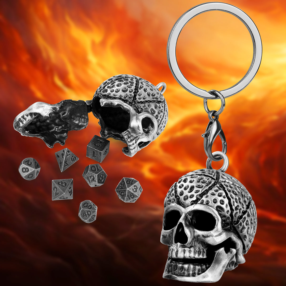 Skull Cage Pendant Necklace, Small Portable Metal Keychain, Mini 7-Piece Polyhedral Metal D&D Dice Set, Suitable For Parent Games, Toy Accessories, Gifts, Multiplayer Role Playing Board Games