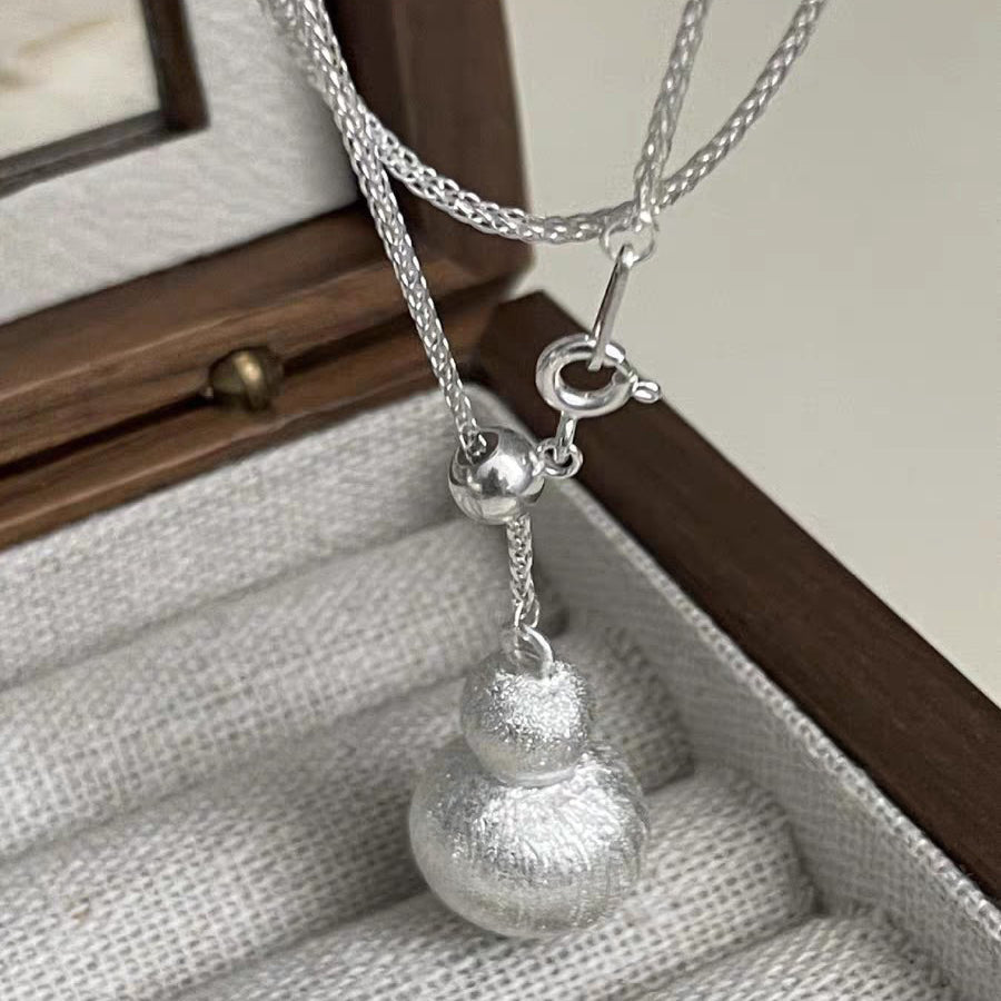 1pc 999 Sterling Silver Brushed Adjustable Gourd Pendant Necklace, Minimalist Chinese Style, Perfect For Daily Wear & Valentine's Gifts