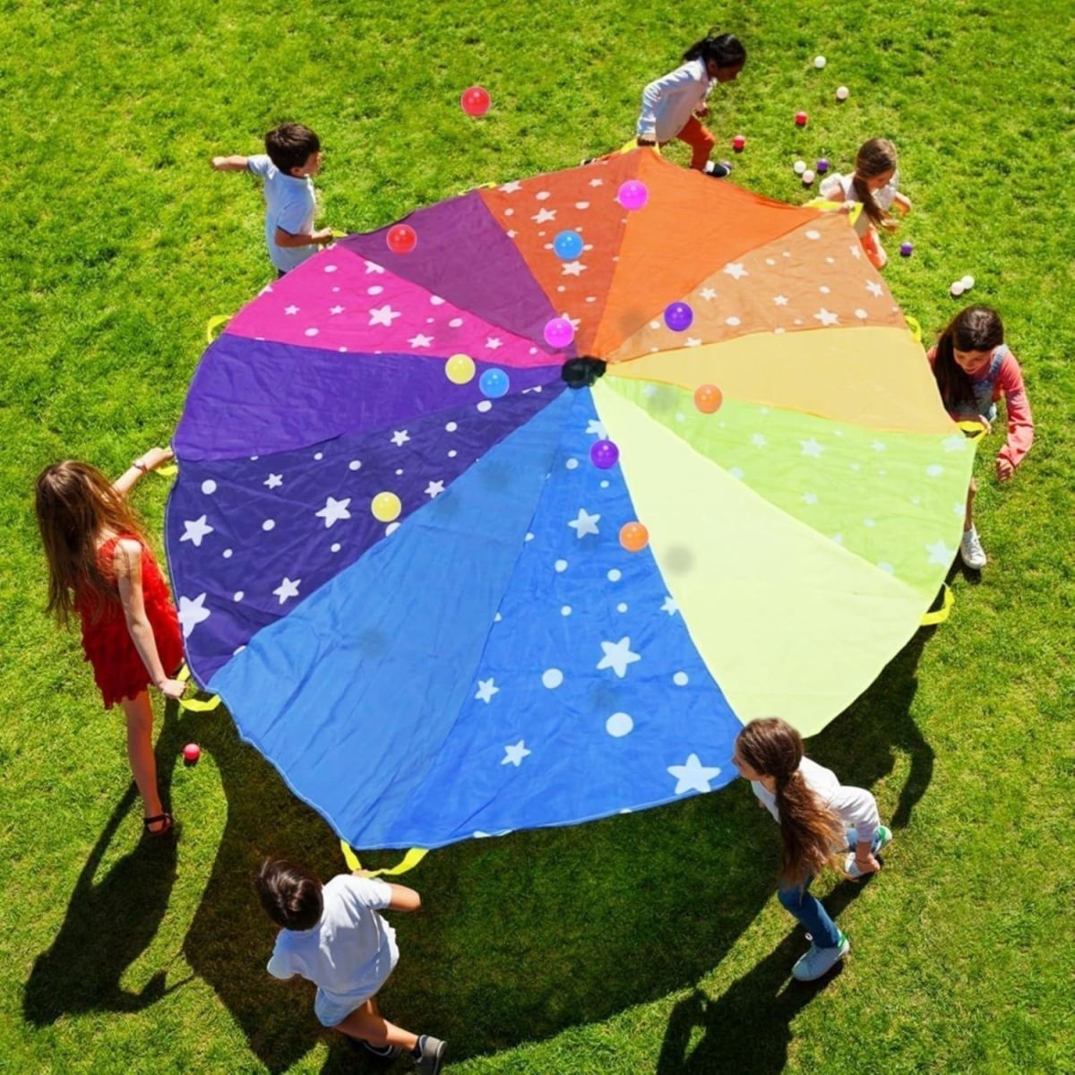 Rainbow Swing Towel, 2.4m Colorful Parachute With 12 Balls And 12 Handles—Parachute Game, Cooperative Movement Game, Sports Game, Outdoor Group Game For Gardens And Schools—Party Gift Packs