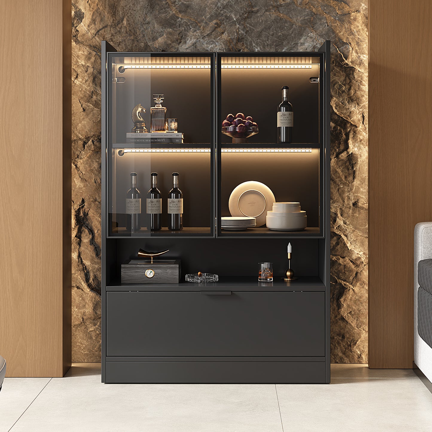 Modern LED Display Cabinet Black Matt Height 120cm With App LED Lighting, Glass Display Cabinet Standing Display Case With Lighting, Living Room Cabinet With Glass Doors And Hinged Door, Chipboard Dis