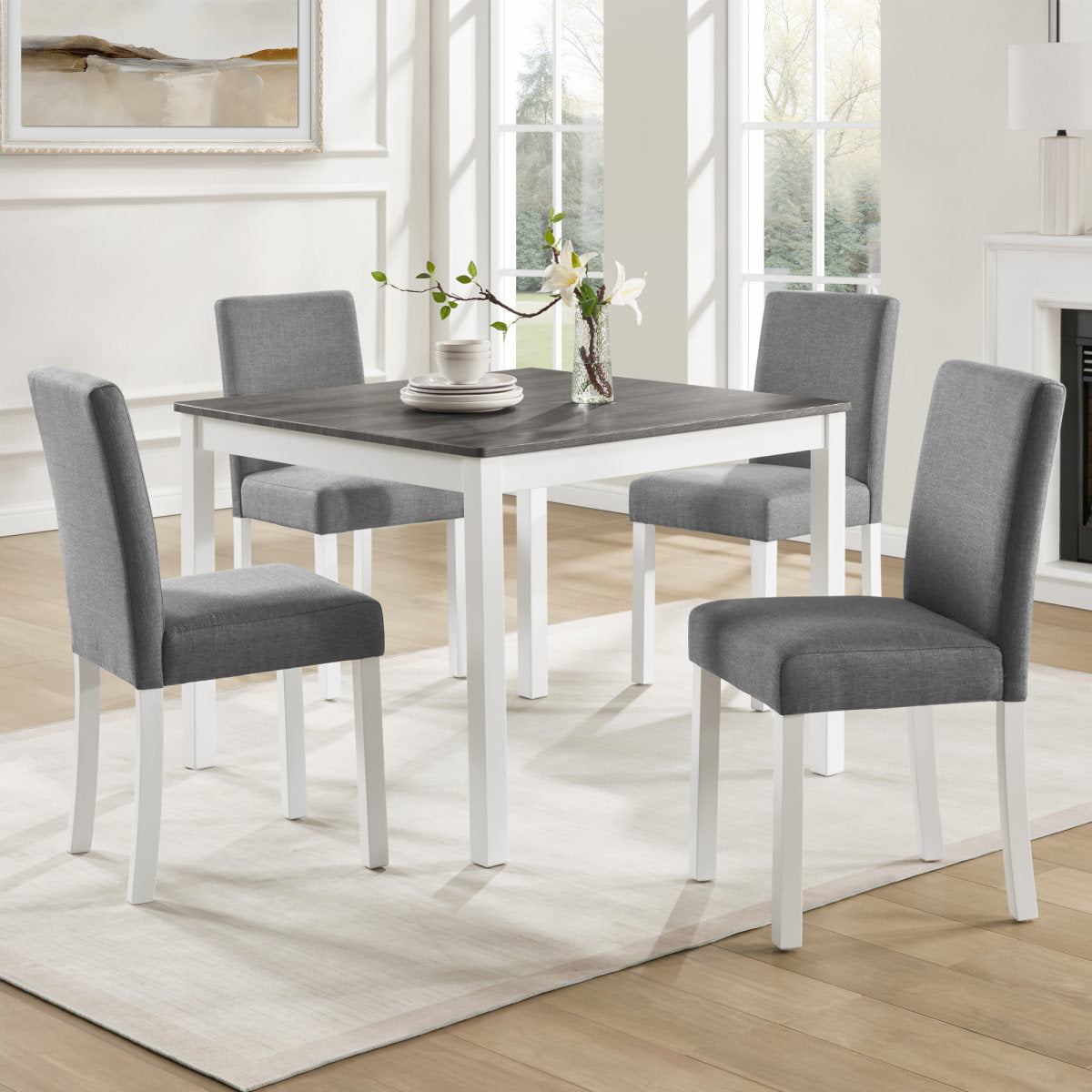 5-Piece Dining Table Set with 4 Chairs, Dining Table Set for 4 with Chairs, Wooden Dining Table Set for Kitchen, Dining Room, Grey & White Two Tone