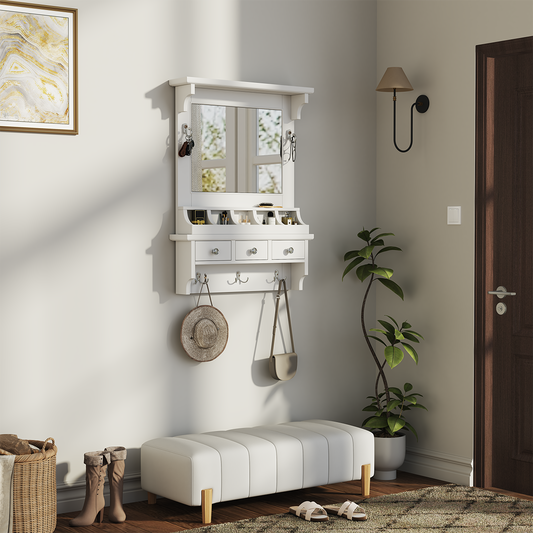 Floating Makeup Vanity With Big Mirror, Wall-Mounted Storage Vanity With Drawers, Pockets & Hooks, Space-Saving Decorative Home Organizer For Small Space, White