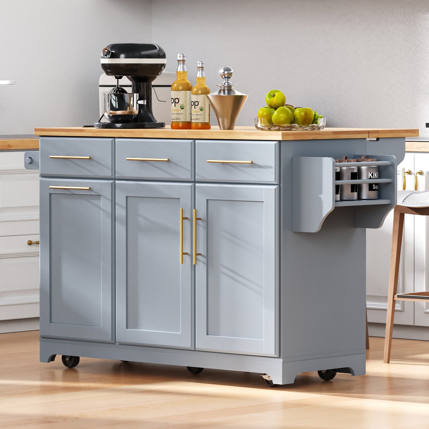 K&K 59.3  Kitchen Island With 2 Pull Out Cabinet Organizers & Rubber Wood Drop Leaf, Rolling Kitchen Island With Trash Can Storage, Power Outlet, Spice & Towel Rack For Kitchen, Dining, Grey Blue