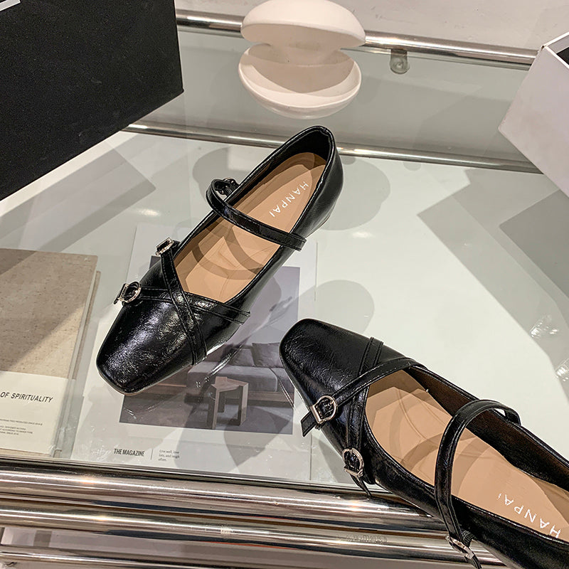 2026 Spring Summer New Women's French Square Toe Mary Jane Flats With Hidden Heel, Elegant Silver Single Shoes With Single Strap Buckle