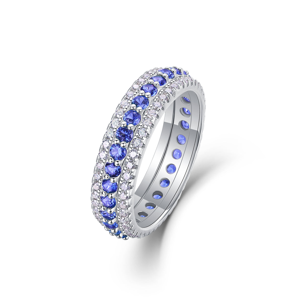 3.6g S925 Sterling Silver 3 Row Eternity Ring  Synthetic Blue Sapphire & White Stones Band, Platinum Plated Promise Ring For Women, Jewelry Gift Box Set