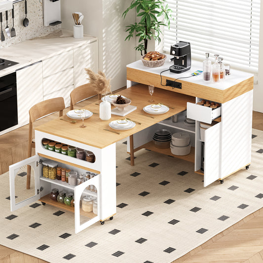 TREXM Extendable Dining Table With Extra-Long Folding Top  Rolling Kitchen Island With Drawers  Power Outlet And Brake Lock  Storage Cabinet For Kitchen And Dining Room  Natural   Creamy White