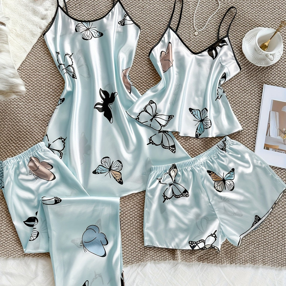 Butterfly-print Loungewear Set Four-piece Home Set Fashionable Casual Womens Pajamas