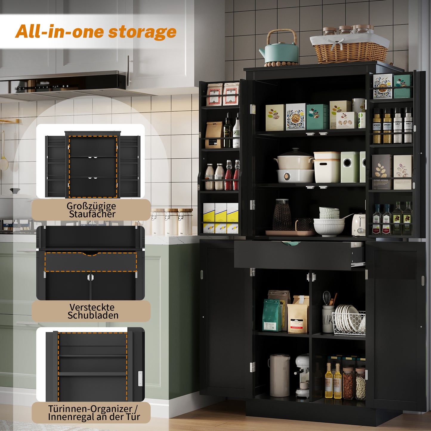 Kitchen Cabinet, Multifunctional Tall Cabinet, Sideboard With Two Shelf Doors, Storage Compartments And Internal Drawer, 182 X40 X75, Suitable For Kitchen, Dining Room And Living Room.