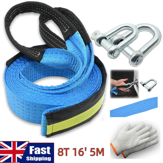 8T 16' 5M Tow Rope Heavy Duty Towing Pull Strap Road Recovery Chain Two Shackles