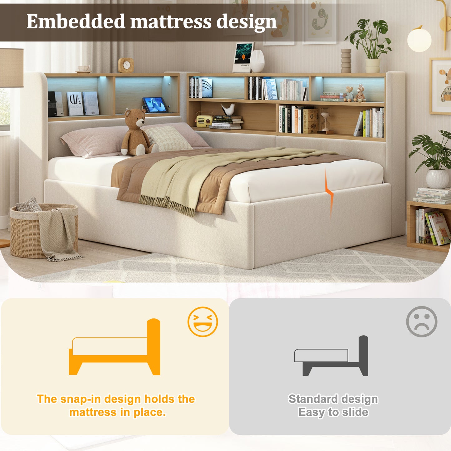 Daybed, L-shaped Upholstered With Storage Compartment, Sofa Bed With Storage, LED, USB Charging Port, 3FT Single Bed 90x190cm, Hydraulic Storage Bed Frame, Velvet, Beige