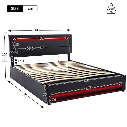 Upholstered Bed 135 X 190 Cm,Double Bed-4ft6,with USB Port  Supports Wireless And Wired Charging, With LED Lighting And Storage Space, Without Mattress, PU-Lychee Design, Black