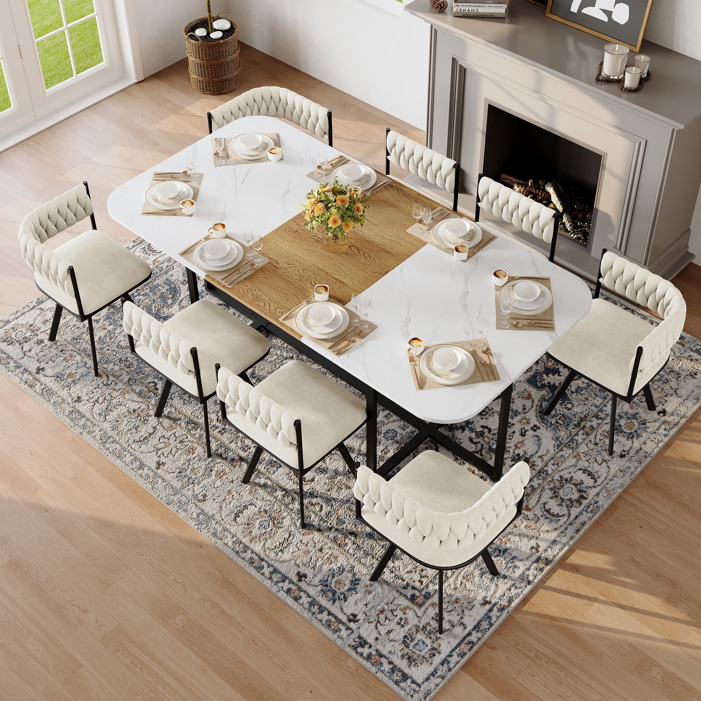 9-Piece Square Dining Table Set, Fixed White Faux Marble & Wood Grain Triamine Tabletop With 8 Beige Velvet Chairs, Modern Kitchen Table Set For 8 People, Ideal For Family Gatherings, Dining Room