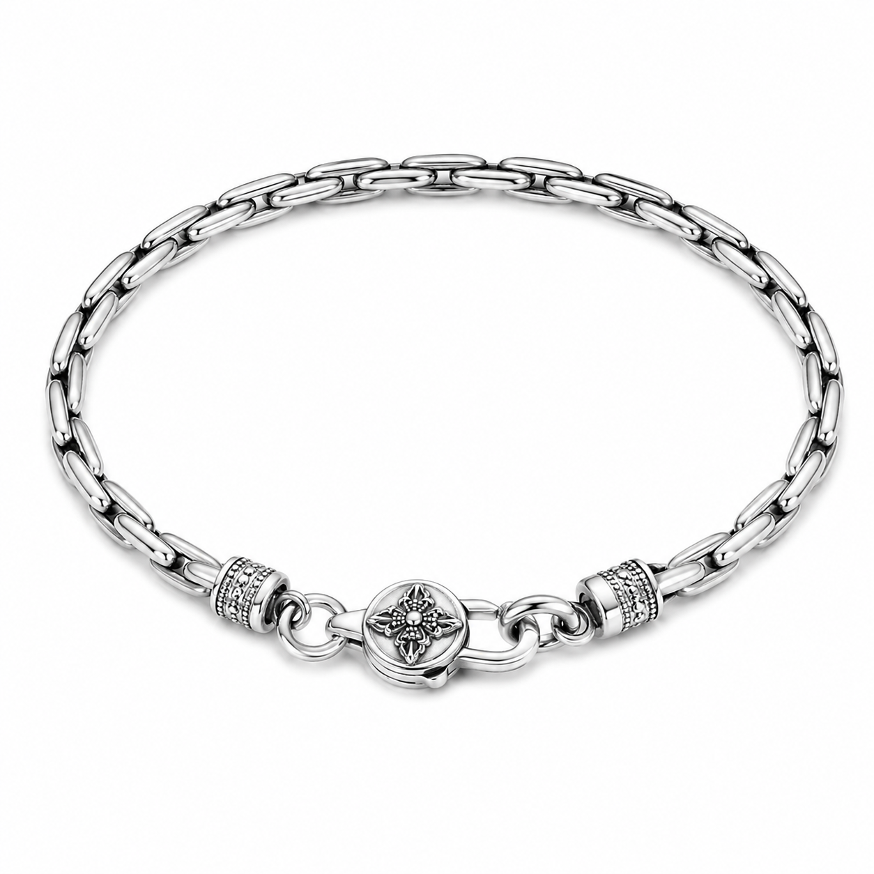 Antique Four-Petal Flower Oval Link Bracelet For Men, Copper Plated Silver Oxidized Vintage Biker Toggle Clasp Thick Chain Wrist Jewelry Gift