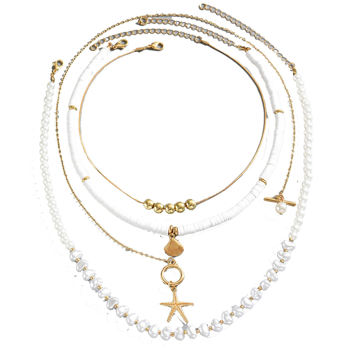 Cross-border European American Women Geometric Jewelry Set, Niche Ocean Style Long Clavicle Necklace Inlaid Shell & Faux Pearl, Versatile Daily Neck Accessories For Ladies