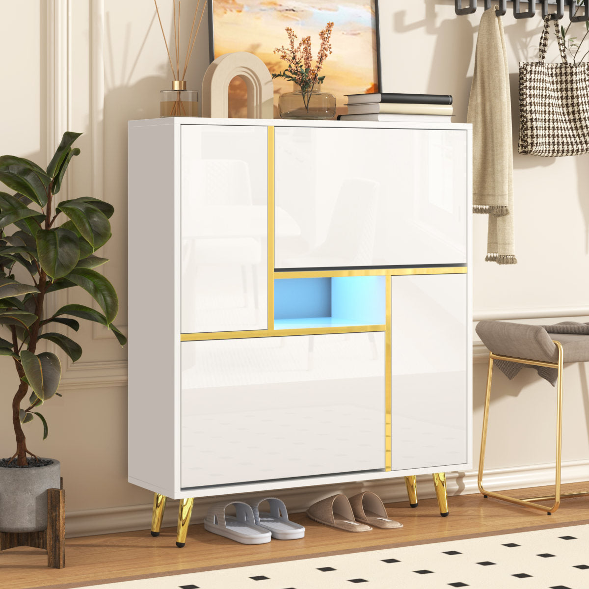Modern Shoe Cabinet, White Shoe Cabinet With High-gloss Front And 16-colour LED Light  80 X 25 X 96 Cm