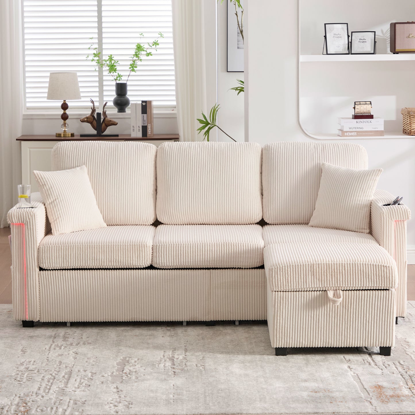 High-quality Velvet Sofa With LED Lighting & USB-C Port, Including Storage Footboard, Practical Cup Holders And Side Pockets  Premium Quality For The Living Room, Bedroom Or Office.