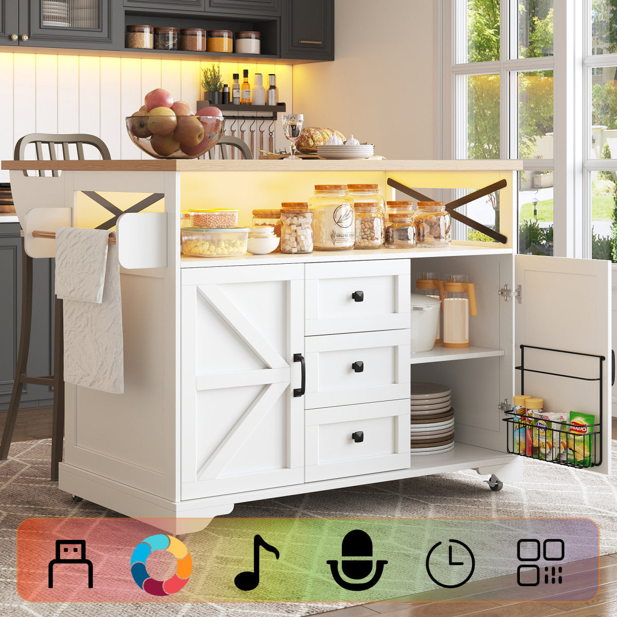 Serving Cart Kitchen Rollable With Drop-Leaf Table & App LED Lighting, Snack Shelves, Multifunctional As Kitchen Island Mobile Bar Side Table, Modern Kitchen Island, Kitchen Cabinet, Dining Table