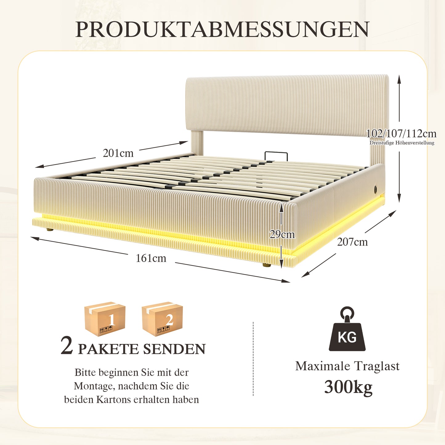 Modern Upholstered Beds With LED Lighting And USB-C Charging Function, Height-adjustable Headboard, Corduroy Fabric, Sturdy Slatted Frame, Large Underblanket Storage Space And Comfortable Upholstered