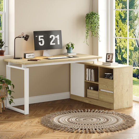 L-shaped Desk, Office Table, With 2 Drawers, 3 Open Shelves, 1 Closed Cabinet, Adjustable Shelves, Natural Wood Color  White.