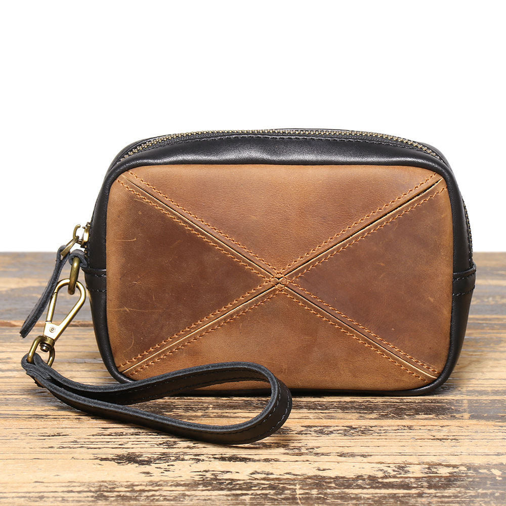 Unisex Retro Artistic Stitching Craft Personalized Leather Messenger All-match Mobile Multi-layer Zipper Square Bag