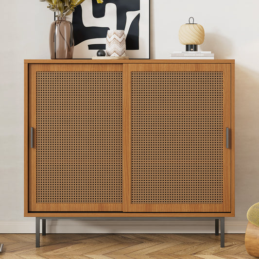 Sideboard, Kitchen Cabinet, Storage Cupboard With Rattan Decorated Doors, With 2 Sliding Barn Doors, 10 0 X 37 X 90 Cm, Adjustable Shelves, Walnut