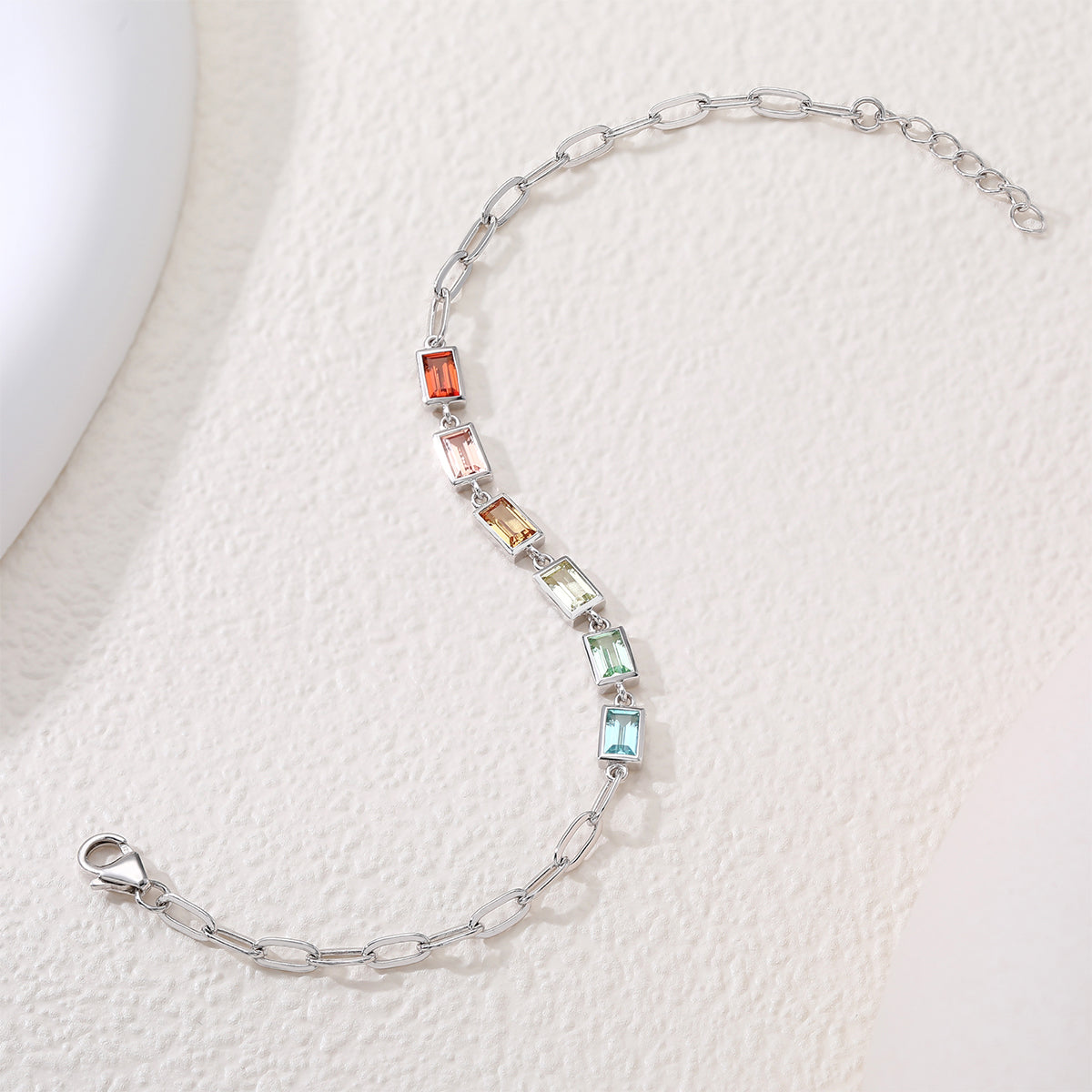 S925 Sterling Silver Rectangle Rainbow Lab-Grown Gemstone Bracelet 16cm Paperclip Chain Platinum Plated Fashion Gift Box