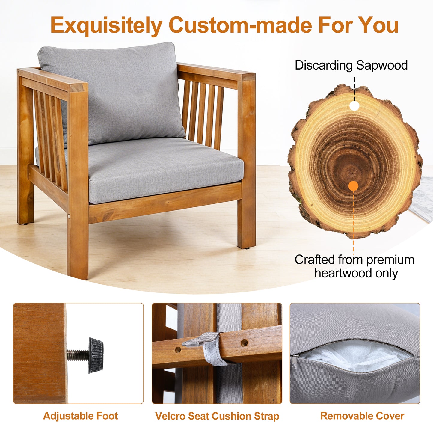 Outdoor Acacia Wood Club Chair With Modern Square Arms, Patio Chair With Thick Cushion, Adjustable Leveling Feet For Poolside,  Deck, Grey Cushion