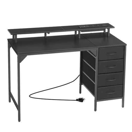 47" Computer Desk With LED Lights & Power Outlets, Gaming Table With 4 Large Drawers, Office Desk With Monitor Stand, Study Work Home Office, Small Spaces, Black