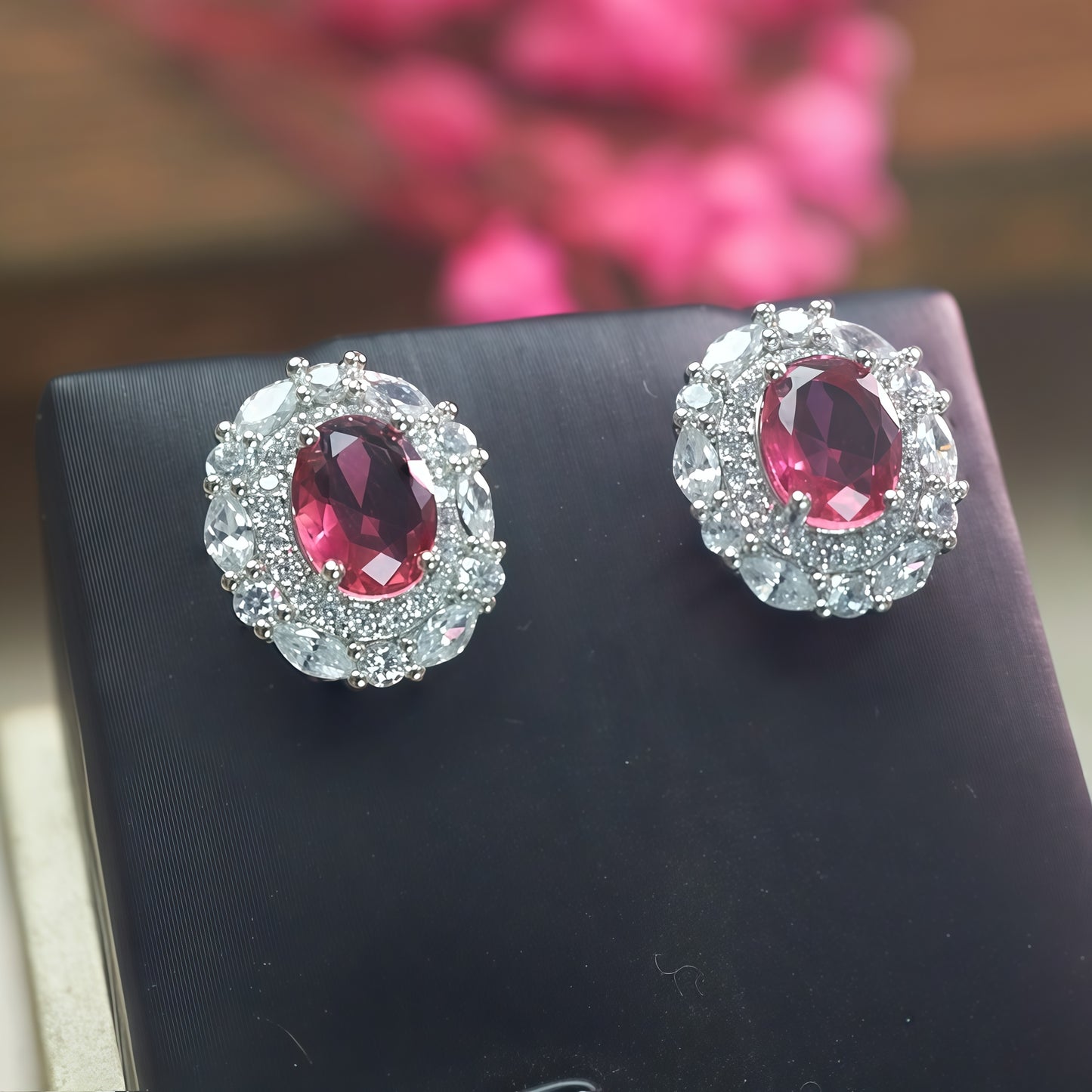 Oval Cut Hot  Ruby CZ Double Halo Stud Earrings For Women, Copper Silver Plated Pear & Round White Crystal Vintage Bridal Wedding Statement Jewelry Gift