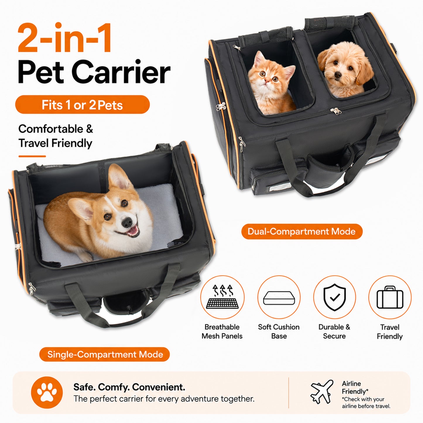2 In 1 Large Cat Carrier For 2 Cats,Rolling Pet Carrier With Wheels,Expandable Foldable Double Pet Carrier With Removable Divider,Breathable Mesh Oxford,Cat Travel Crate For Car Camping  Vet, Black