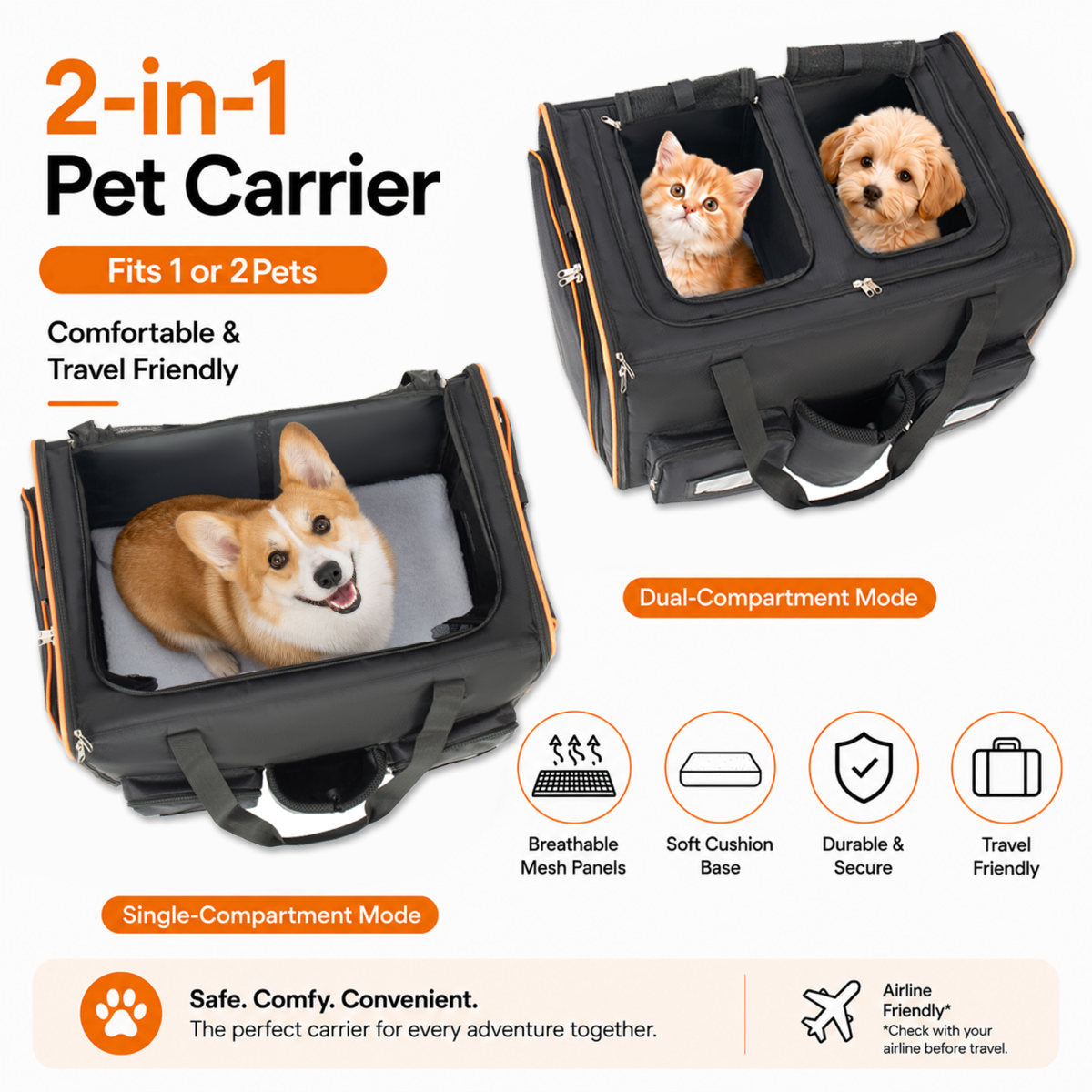 2 In 1 Large Cat Carrier For 2 Cats,Rolling Pet Carrier With Wheels,Expandable Foldable Double Pet Carrier With Removable Divider,Breathable Mesh Oxford,Cat Travel Crate For Car Camping  Vet, Black