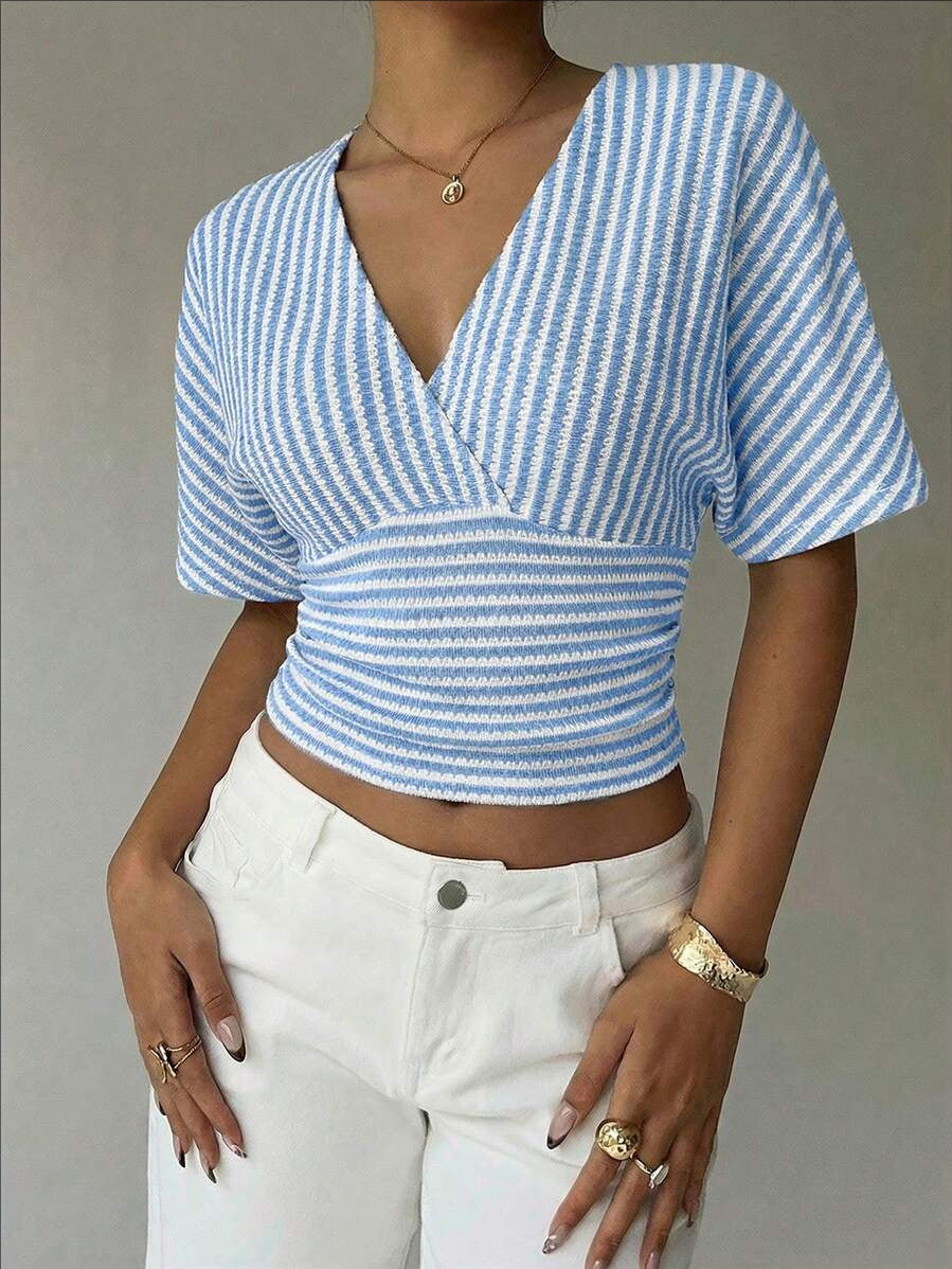 V-neck Knitted Fashion Casual Womens Striped
