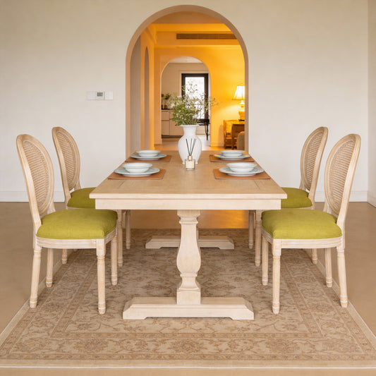 French Country Dining Chairs Set Of 2, Upholstered  Chairs With Nature Rattan Round Back, For Living Room, Kitchen , Restaurant Use, Green