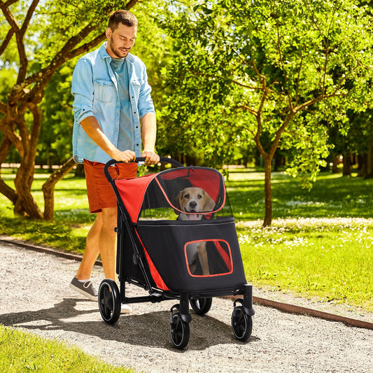 Dog Stroller for Large Medium Small Dogs up to 66 Lbs. 23.5" in Body Length, One-Click Foldable Pet Cat Stroller with Storage, Shock Absorption Wheels, Mesh Window, Safety Leash, Red
