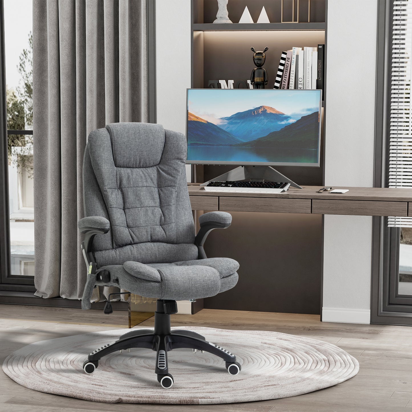 Vinsetto Massage Recliner Chair Heated Office Chair With Six Massage Points Linen-Feel Fabric 360° Swivel Wheels Grey