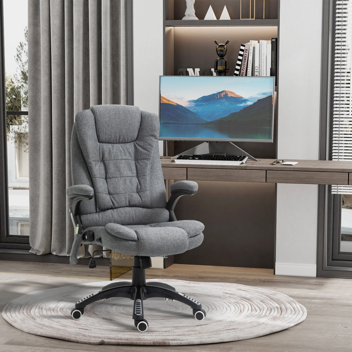 Vinsetto Massage Recliner Chair Heated Office Chair With Six Massage Points Linen-Feel Fabric 360° Swivel Wheels Grey