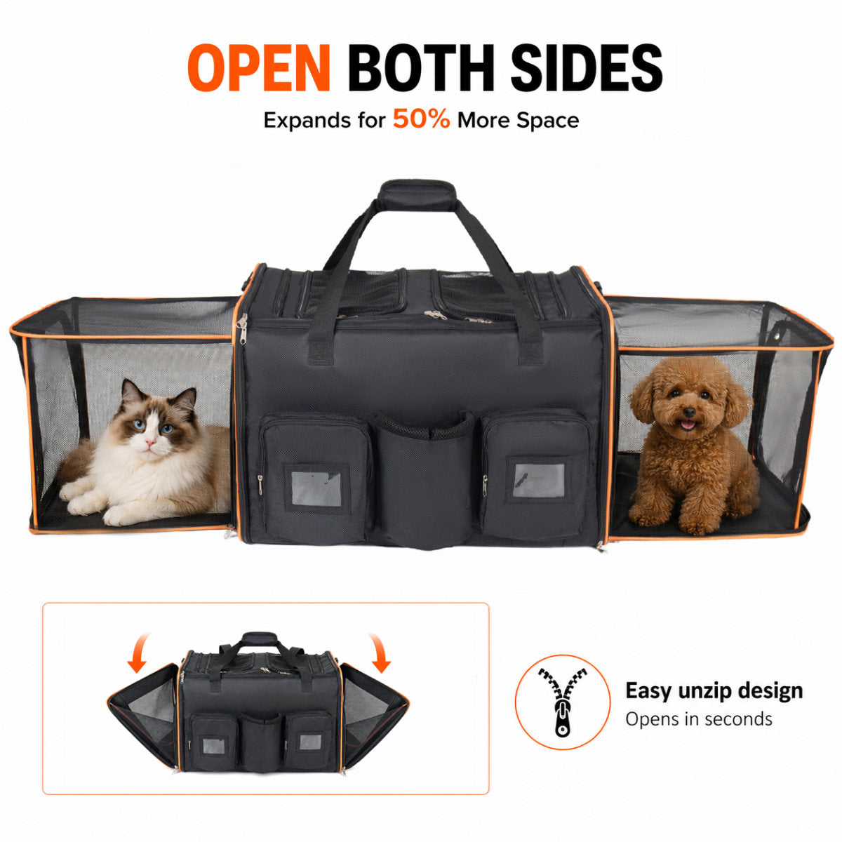 2 In 1 Large Cat Carrier For 2 Cats,Rolling Pet Carrier With Wheels,Expandable Foldable Double Pet Carrier With Removable Divider,Breathable Mesh Oxford,Cat Travel Crate For Car Camping  Vet, Black