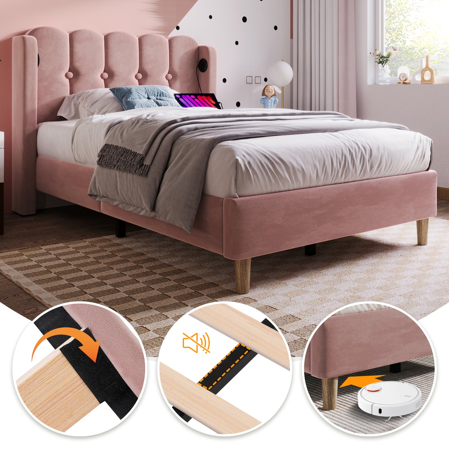 Upholstered Single Bed With USB And Type-C Charging, 3FT Bed Frame With Wooden Slatted Frame, Teenager Bed For Bedroom & Guest Room, 90 X 190 Cm, Pink, Velvet   No Mattress  .