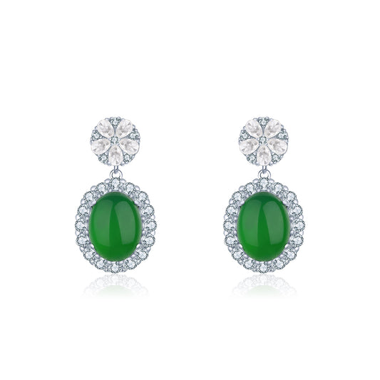 S925 Sterling Silver Dangle Earrings, 8x10mm Oval Green Chrysoprase, Platinum Plated Halo Drop Earrings For Women, Elegant Jewelry Gift Box Set