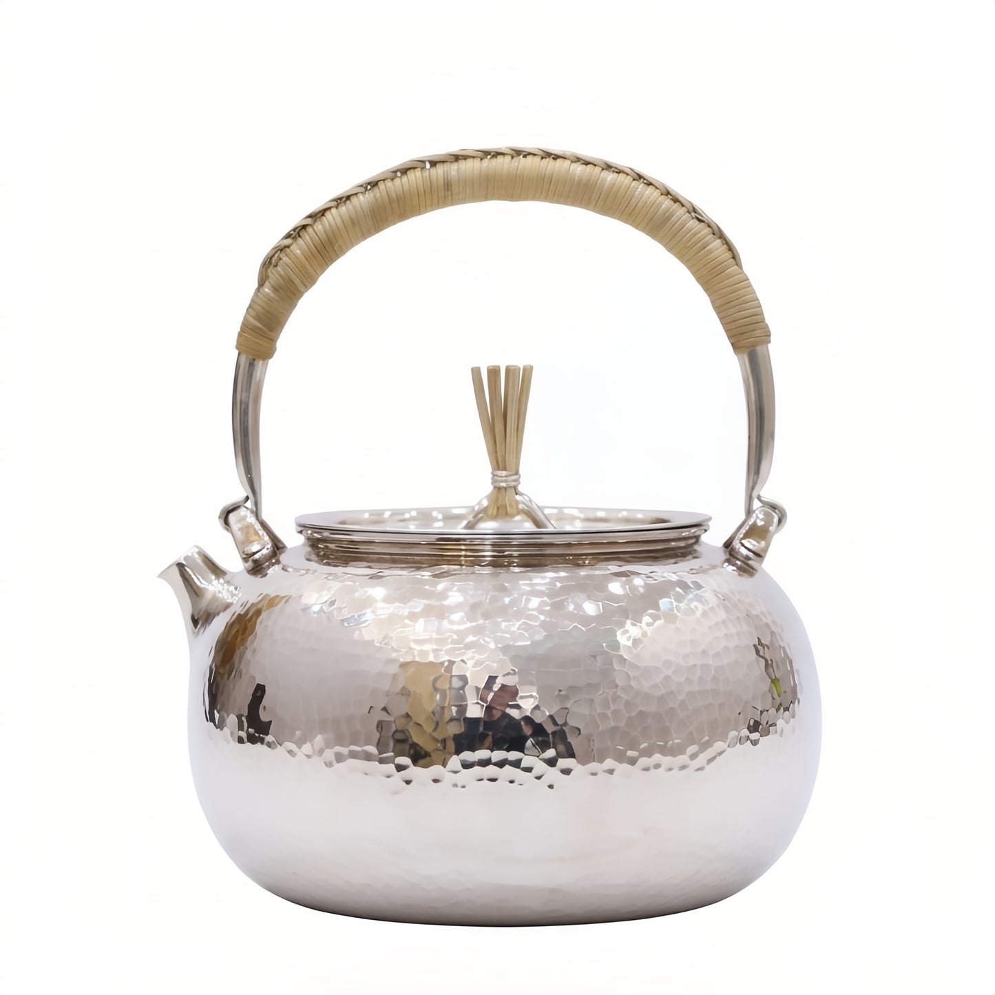 925 Sterling Silver Artisan Crafted Hammered Silver Tea Kettle with Traditional Woven Rattan Handle - Handicraft