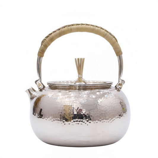 925 Sterling Silver Artisan Crafted Hammered Silver Tea Kettle with Traditional Woven Rattan Handle - Handicraft