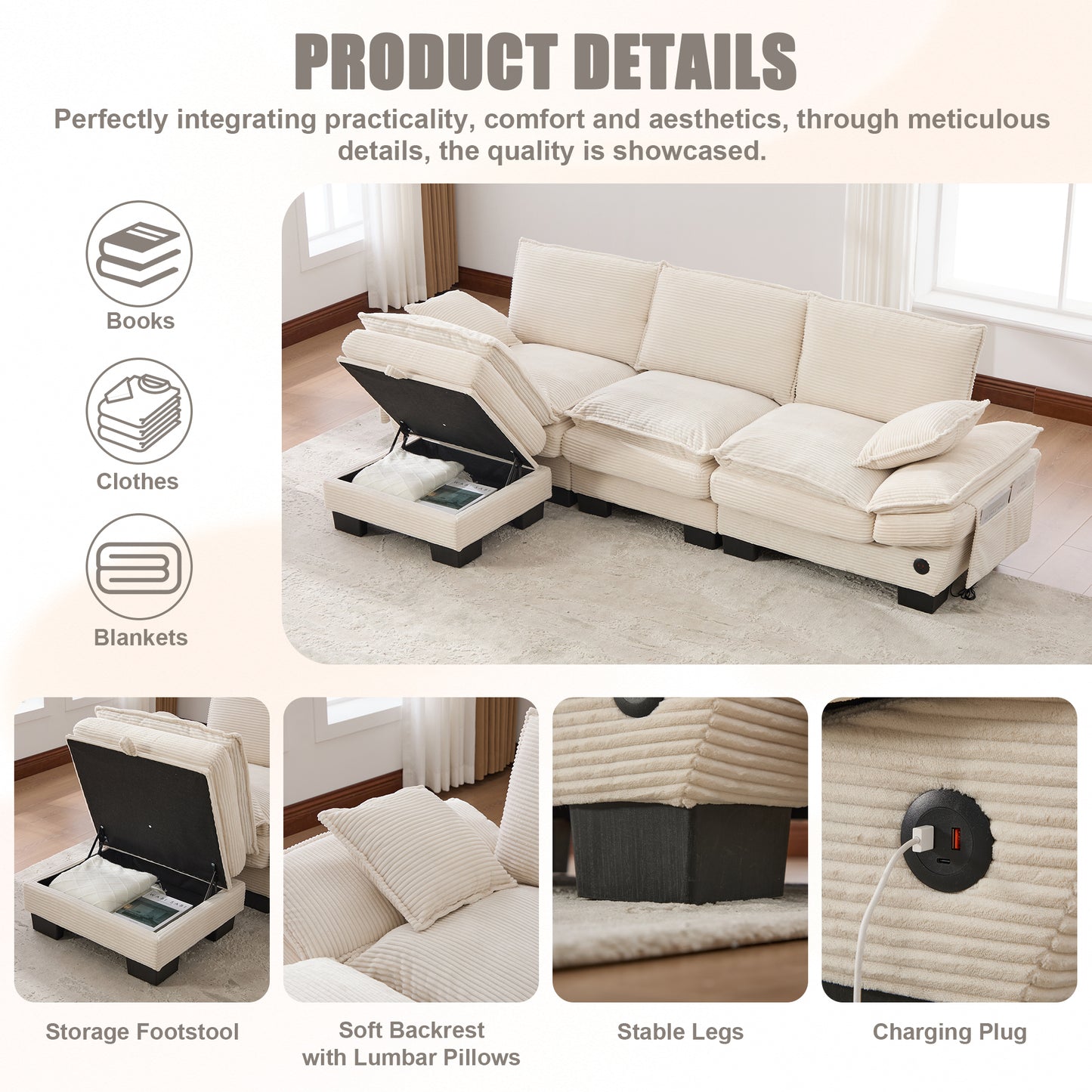 Sectional Cloud Modular Sofa,Deep Seat Sofa, Corduroy Sofa,Comfy Upholstered Furniture For Living Room, Apartment, Studio, Office,Having Multiple Combinations