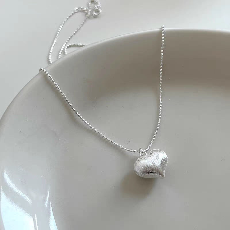 1pc 999 Sterling Silver Matte Heart Pendant Ball Chain Necklace, Minimalist Sweet Style, Perfect For Daily Wear & Valentine's Gifts