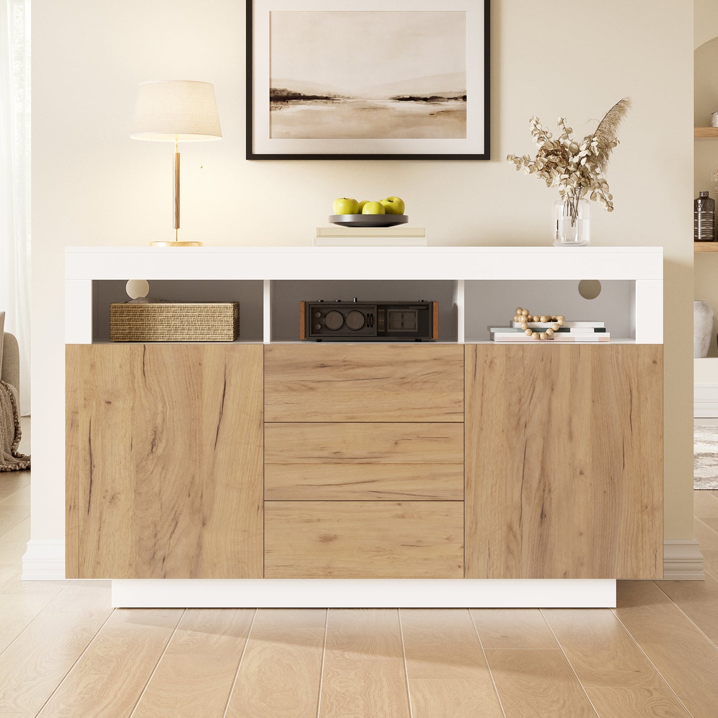 Modern Style Sideboard - Storage Cabinet With 3 Drawers And 2 Doors, Suitable For Living Room, Hallway Or Kitchen, Natural Wood Look - White, Dimensions  W-D-H  140 X 40X 85 Cm