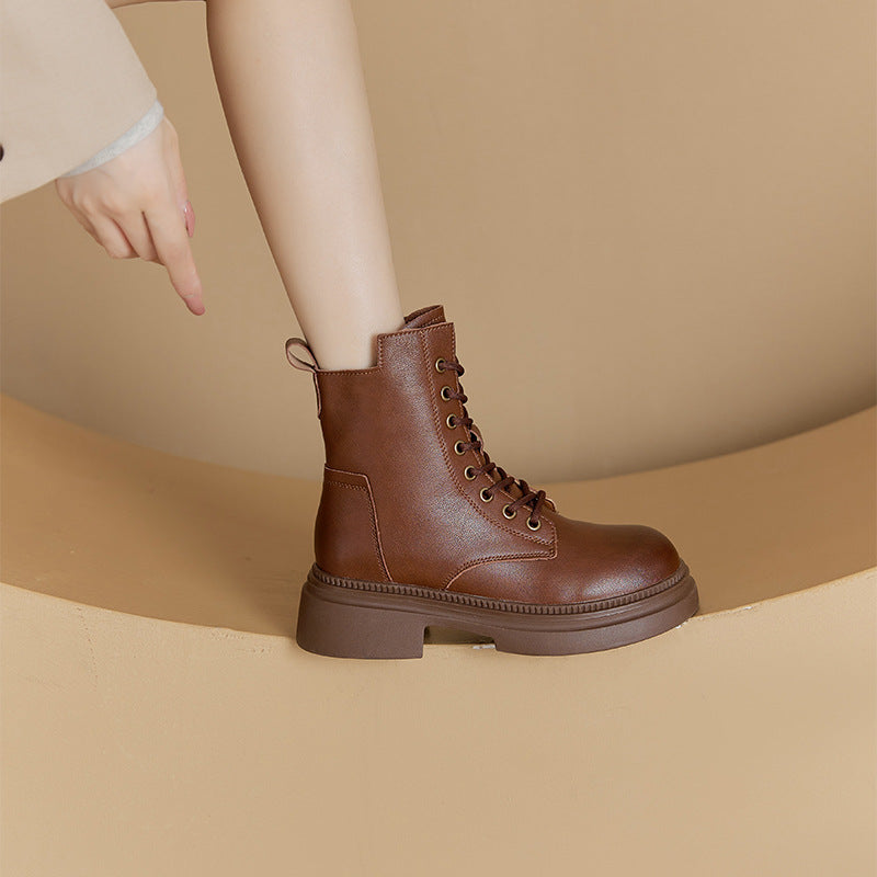 Retro Genuine Leather Martin Boots Women Korean Version Thick Sole