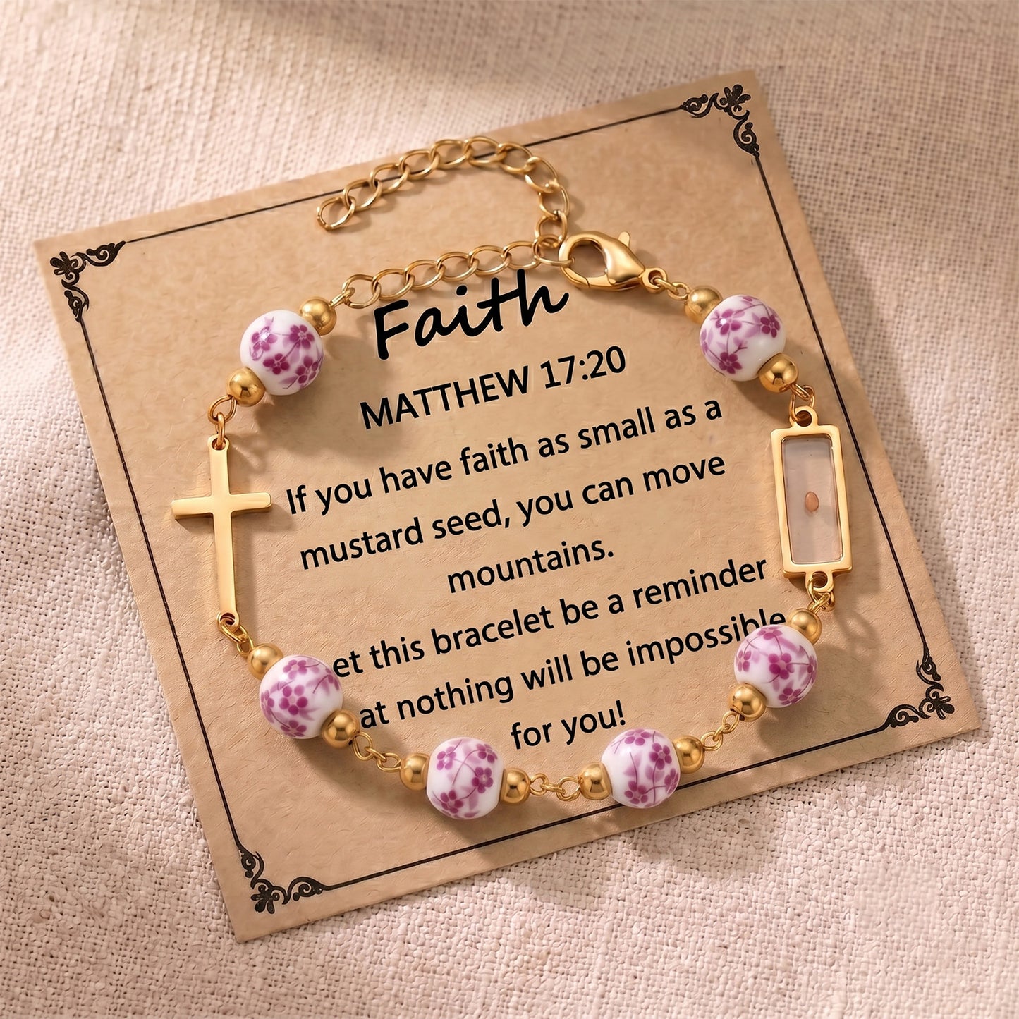 Christian Gifts 18K Gold Plated Cross Bracelet Real Mustard Seed Inside Faith Jewelry For Women Flower Printed Ceramic Beads Stainless Steel Matthew 17 20 Bracelet