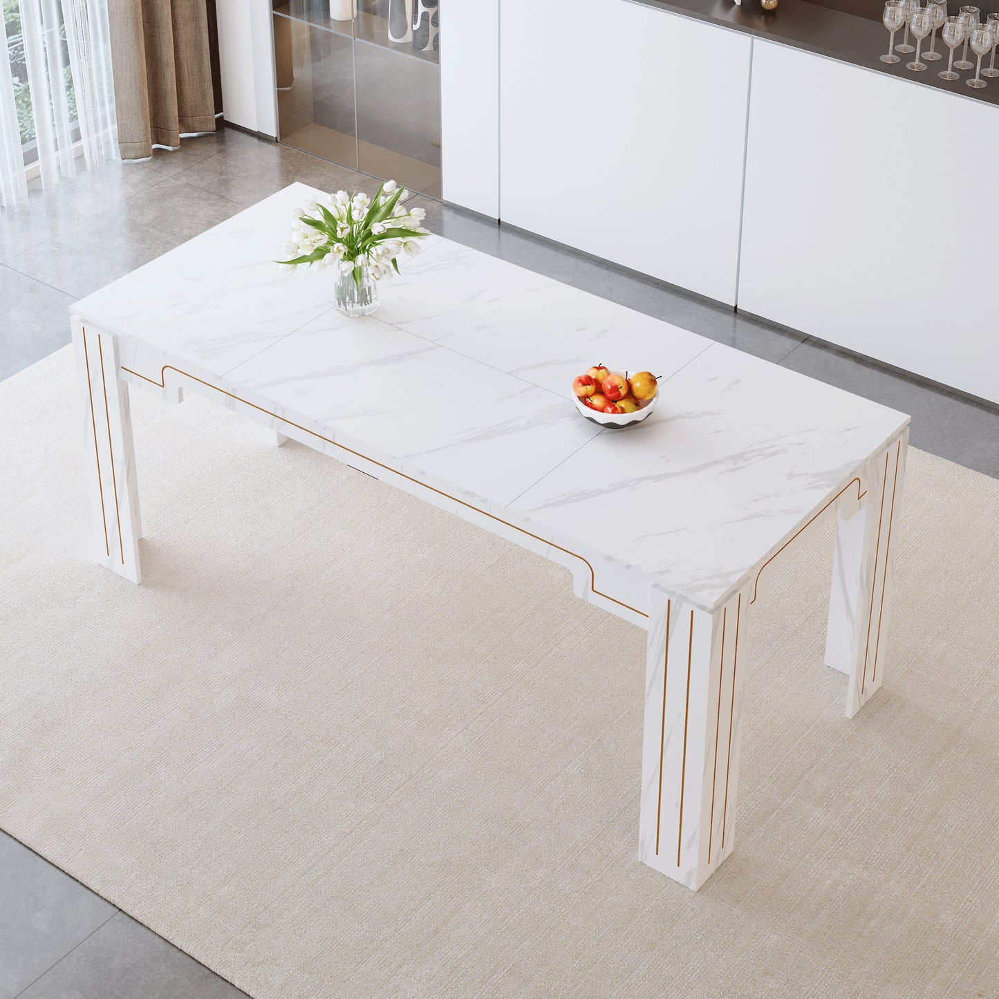 71 X 31.5 Inch White Marble Patterned MDF Spliced Tabletop Dining Table With Grooved Legs Design. Home Dining Table, Suitable For 6-8 People. Flexible Adaptation To Restaurants, Living Rooms, Etc.
