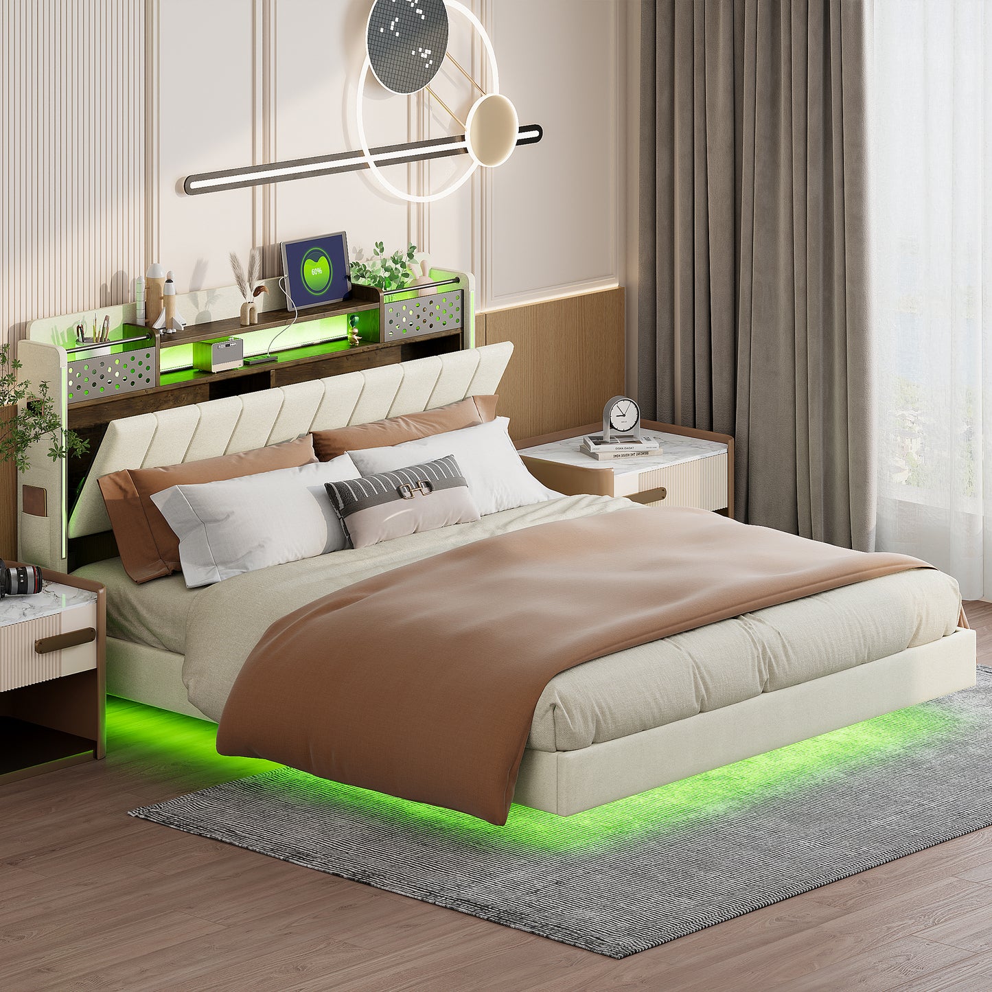 Upholstered Bed 160x200 With LED Lighting And USB Socket, Headboard With Storage Space, Floating Bed Youth Bed Adult Bed, Linen Fabric, Beige